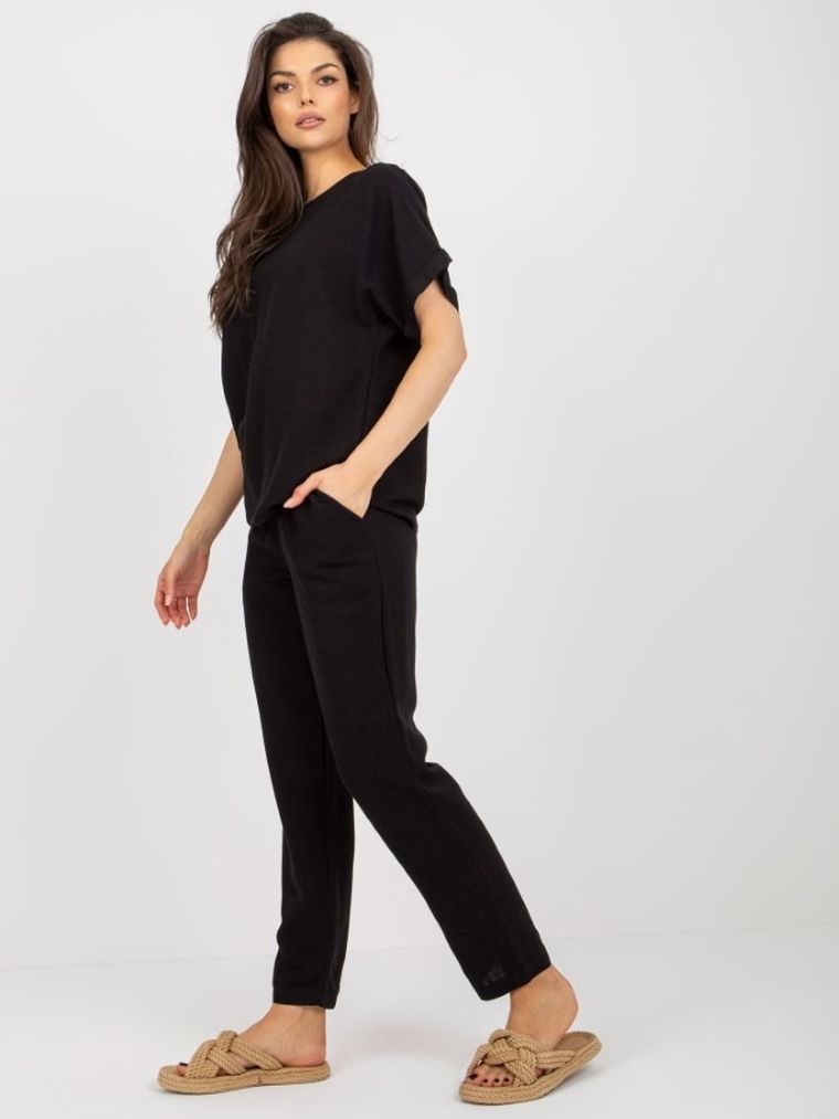 Komplet damski, Bluzka z krótkim rękawem, Spodnie, czarny, Rue Paris