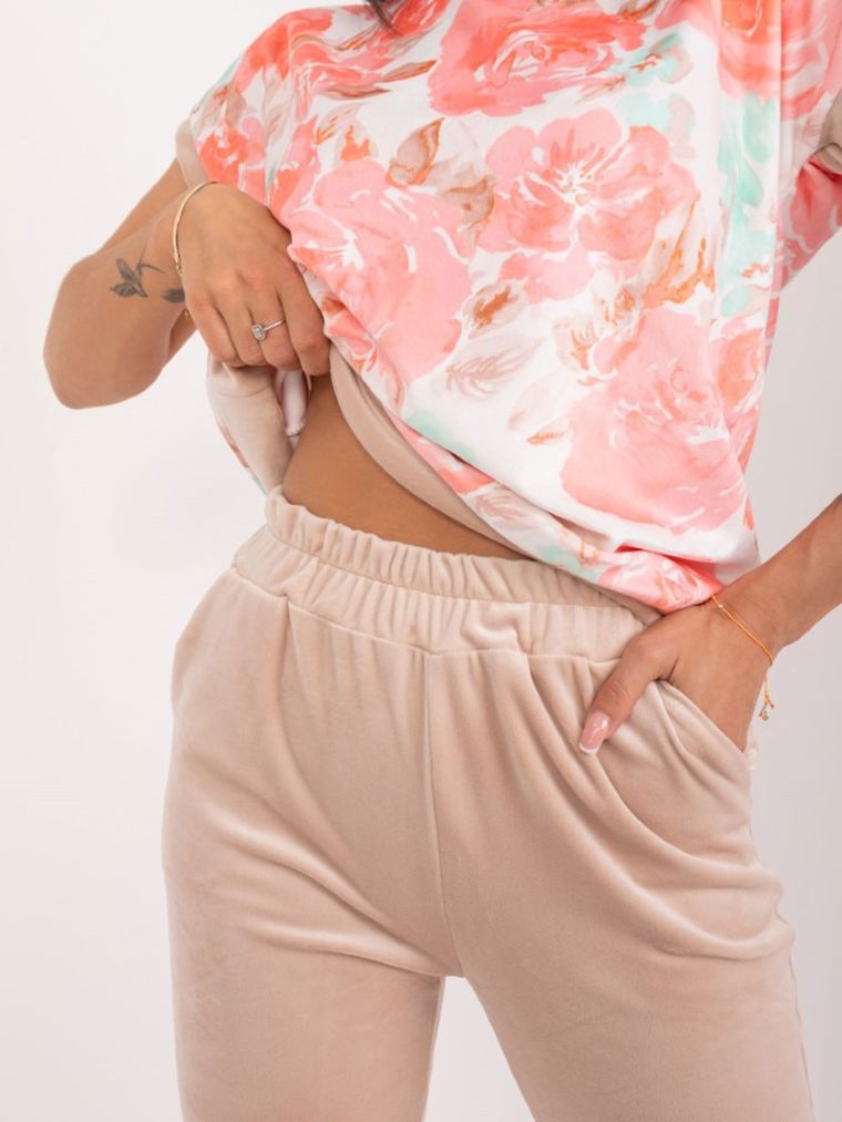 Komplet damski, T-shirt, Spodnie welurowe, różowy, Rue Paris