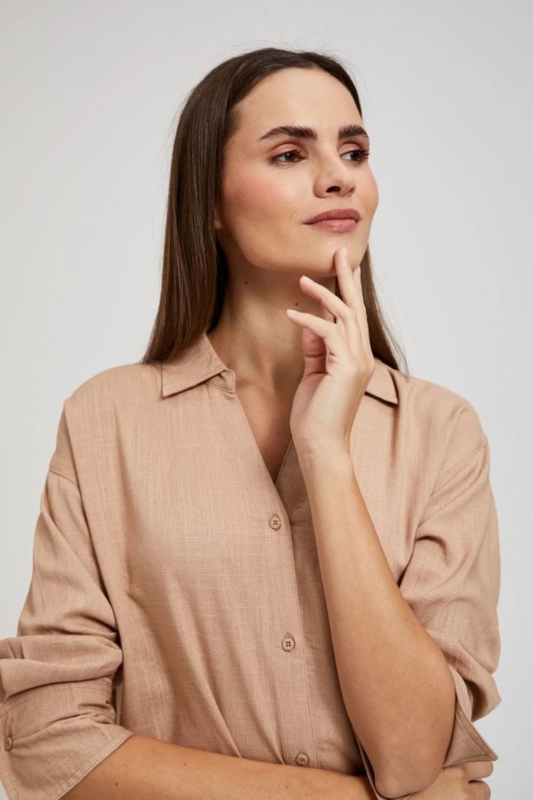 Koszula damska z długim rękawem, beżowa, Moodo