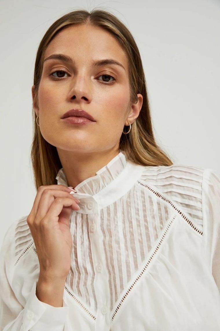 Koszula damska z długim rękawem, biała, Moodo