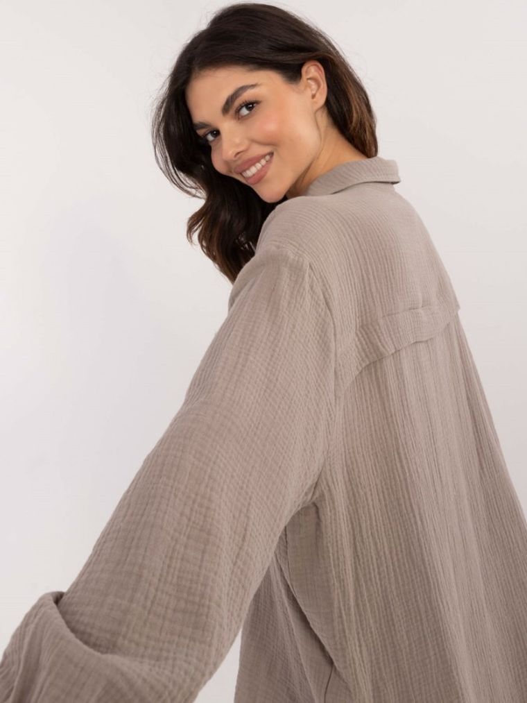 Koszula damska z długim rękawem, oversize, beżowa, Sublevel