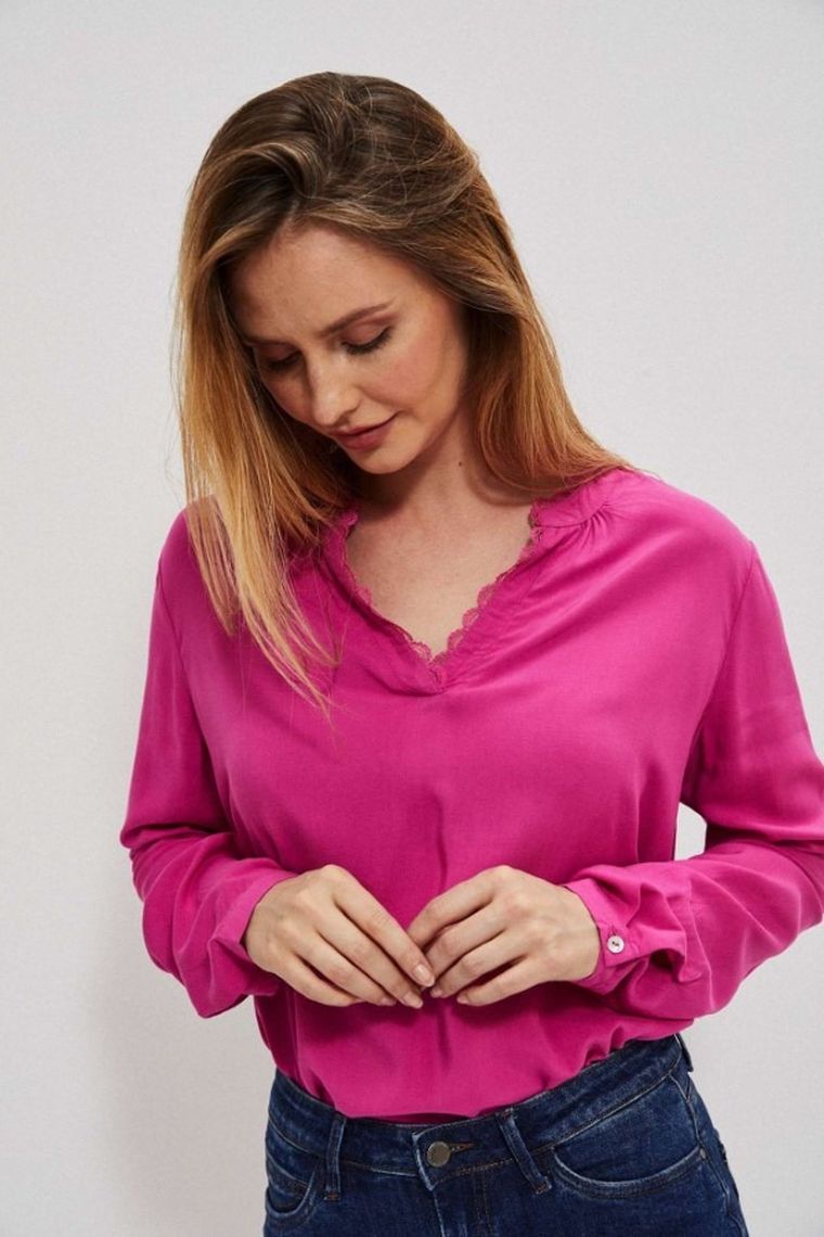 Koszula damska z długim rękawem, różowa, Moodo
