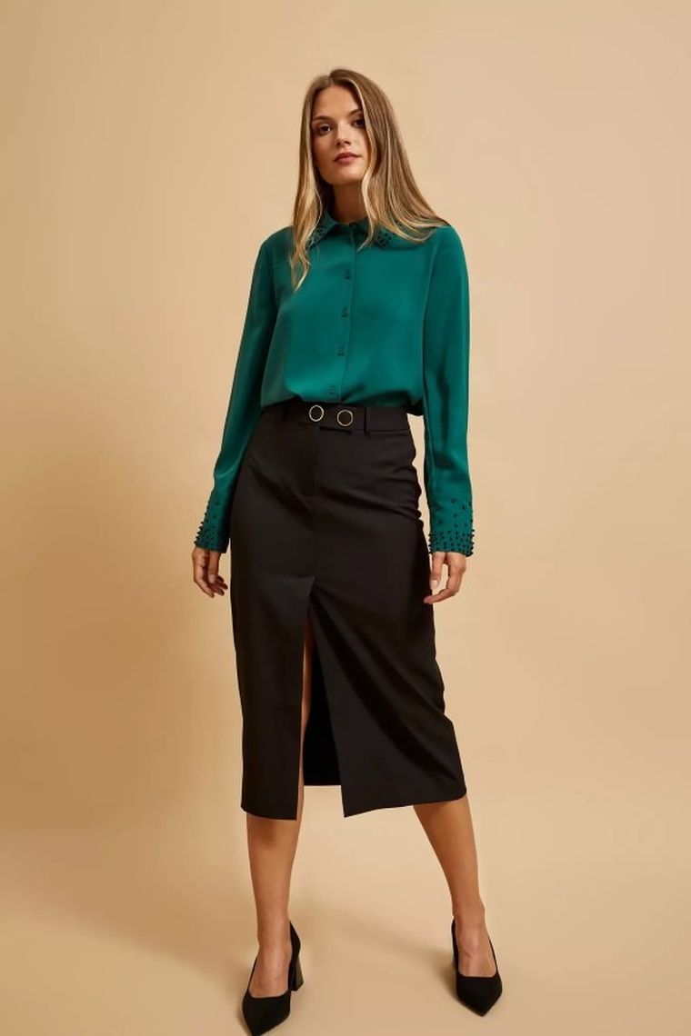 Koszula damska z długim rękawem, zielona, Moodo