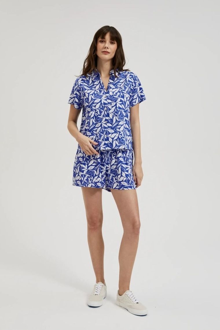 Koszula damska z krótkim rękawem, z lnem, granatowa, Moodo