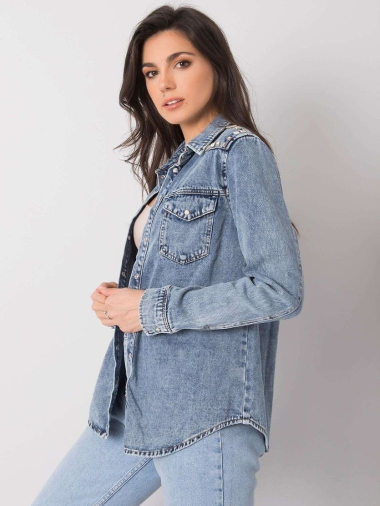 Koszula jeansowa damska z długim rękawem, niebieska, Factory Price