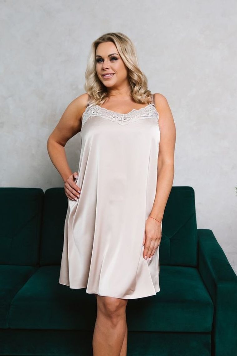 Koszula nocna damska na ramiączka, beżowa, Dotyk, Italian Fashion