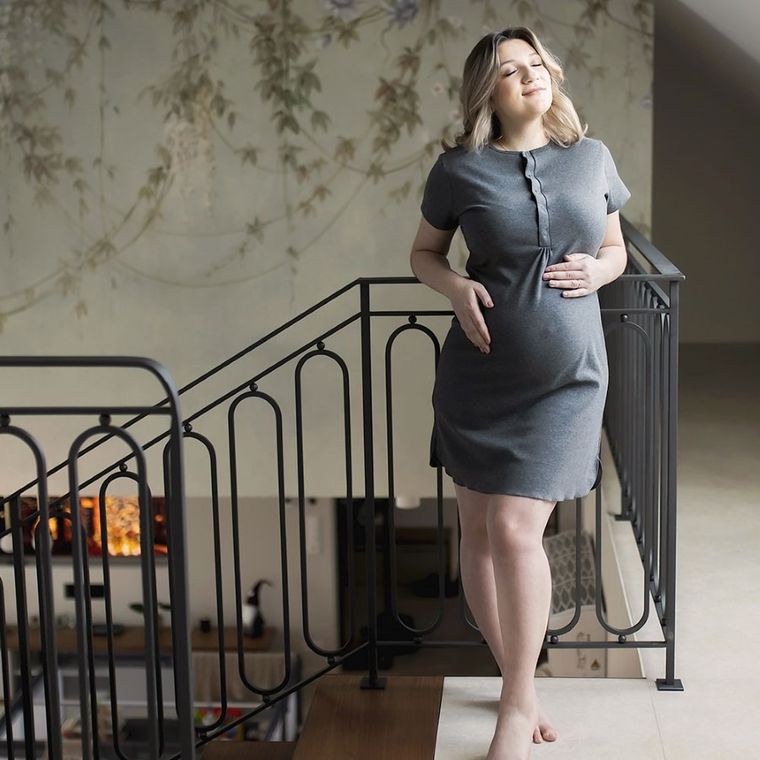 Koszula nocna damska z krótkim rękawem, ciążowa, szara, Eevi