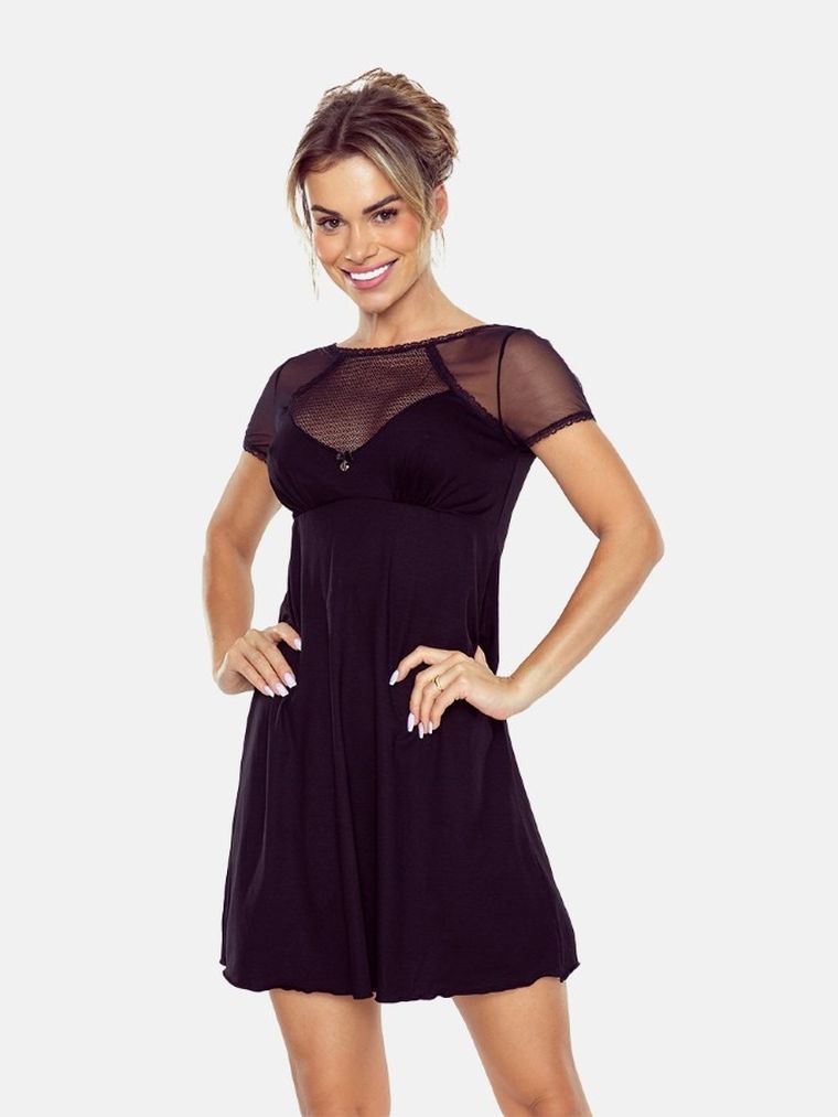 Koszula nocna damska z krótkim rękawem, czarna, Eldar