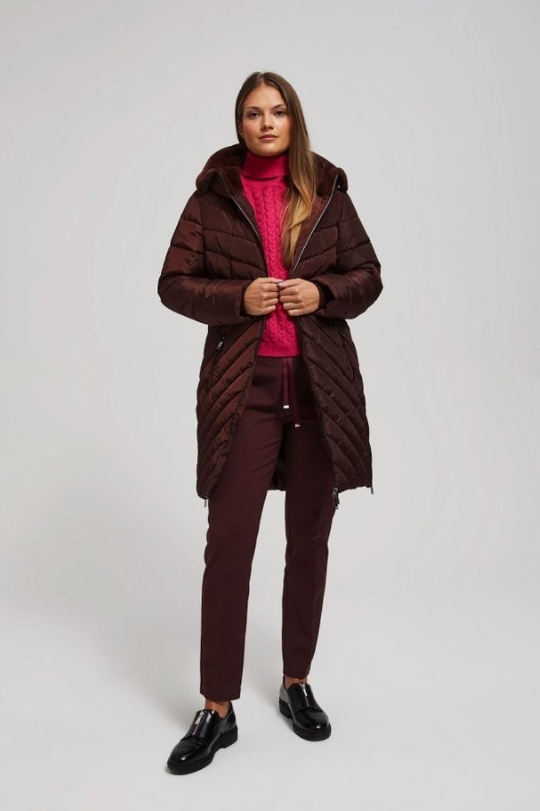 Kurtka damska z kapturem, brązowa, Moodo