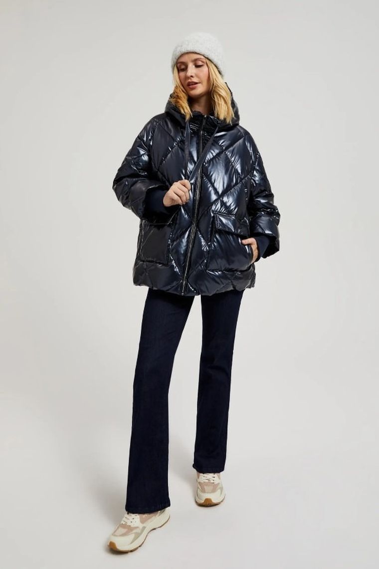 Kurtka damska z kapturem, granatowa, Moodo