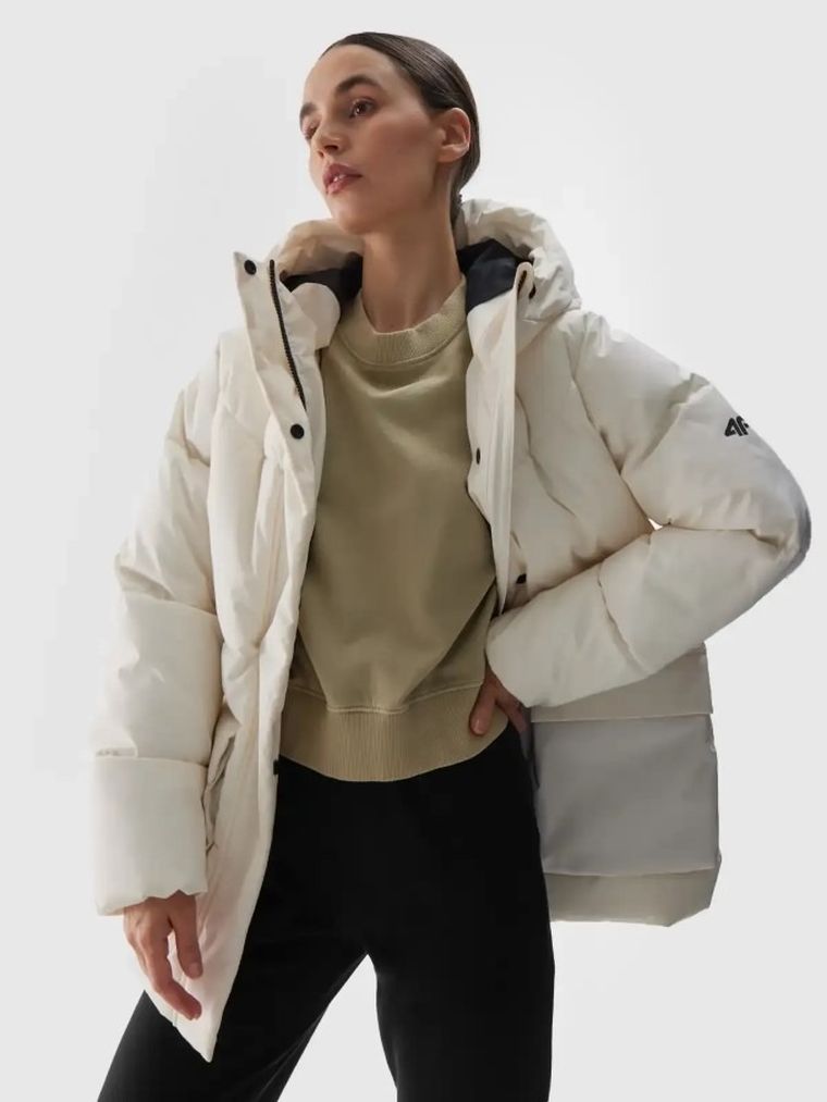 Kurtka damska z kapturem, ocieplana, biała, 4F