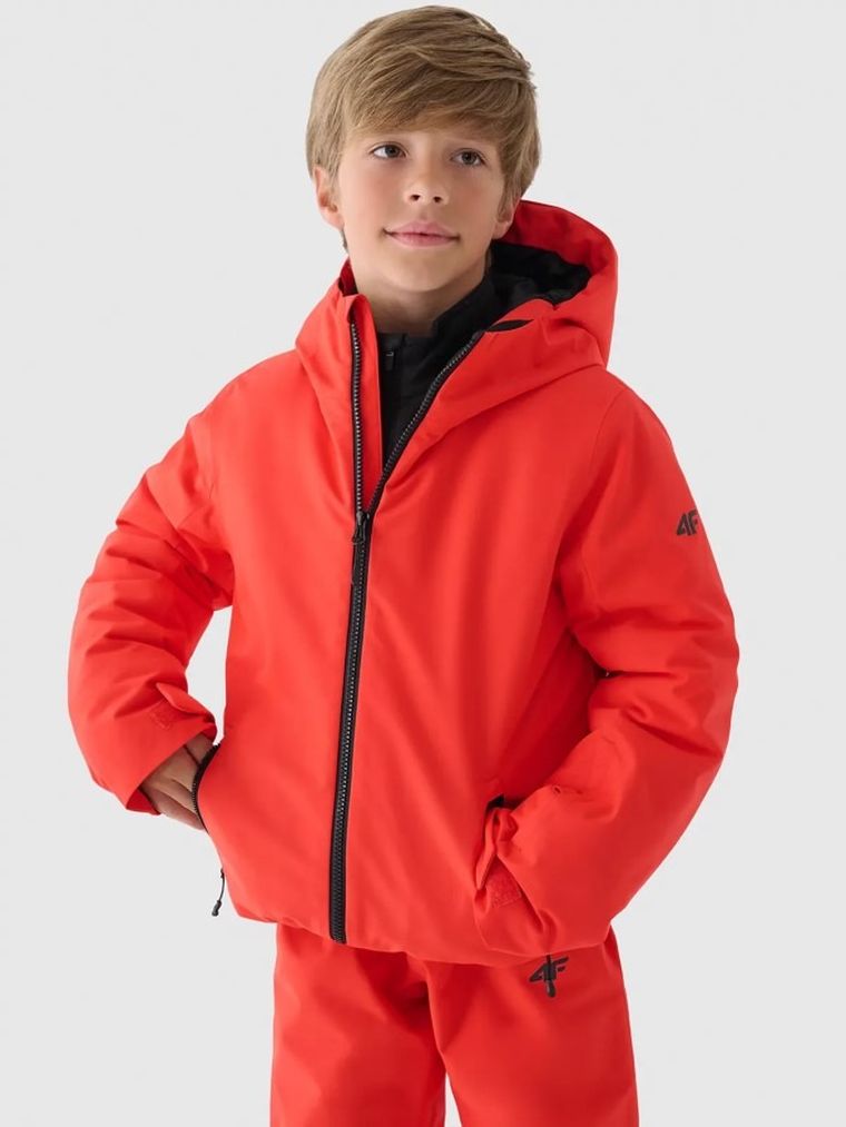 Kurtka narciarska chłopięca z kapturem, ocieplana, czerwona, 4F