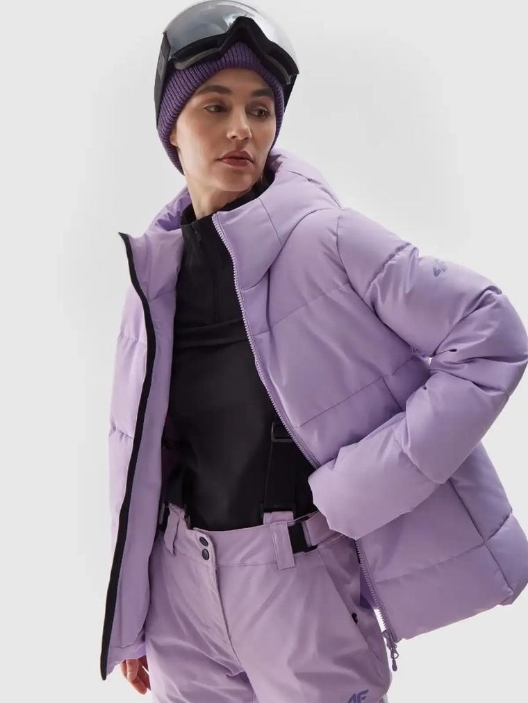 Kurtka narciarska damska z kapturem, ocieplana, fioletowa, 4F