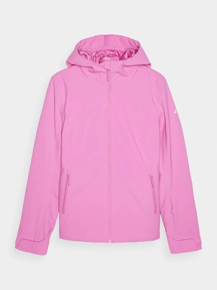 Kurtka narciarska damska z kapturem, ocieplana, różowa, 4F
