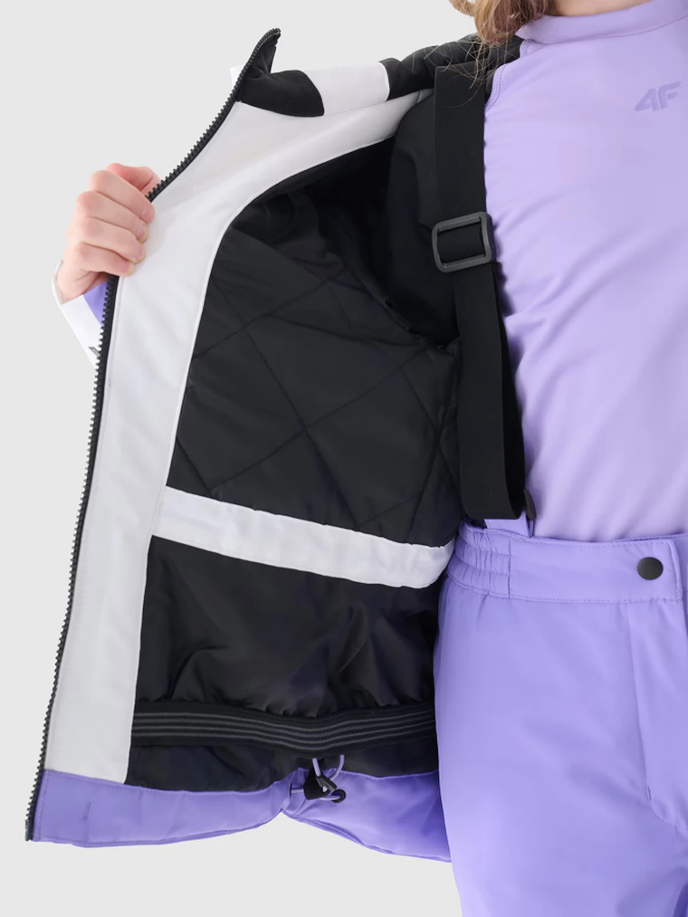 Kurtka narciarska dziewczęca z kapturem, ocieplana, fioletowa, 4F