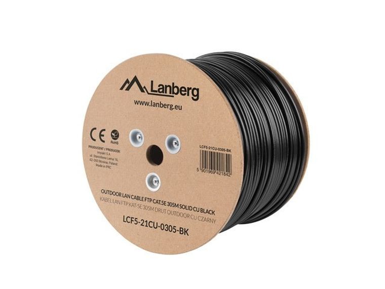 Lanberg, kabel sieciowy, zewnętrzne, LCF5-21CU-0305-BK, FTP, 305m, kat. 5e, czarny