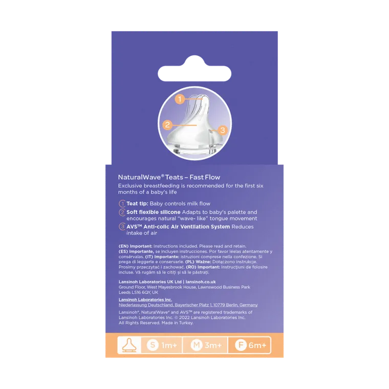 Lansinoh, Natural Wave, smoczek do butelki, szybki przepływ, rozmiar F, 6m+, 2 szt.