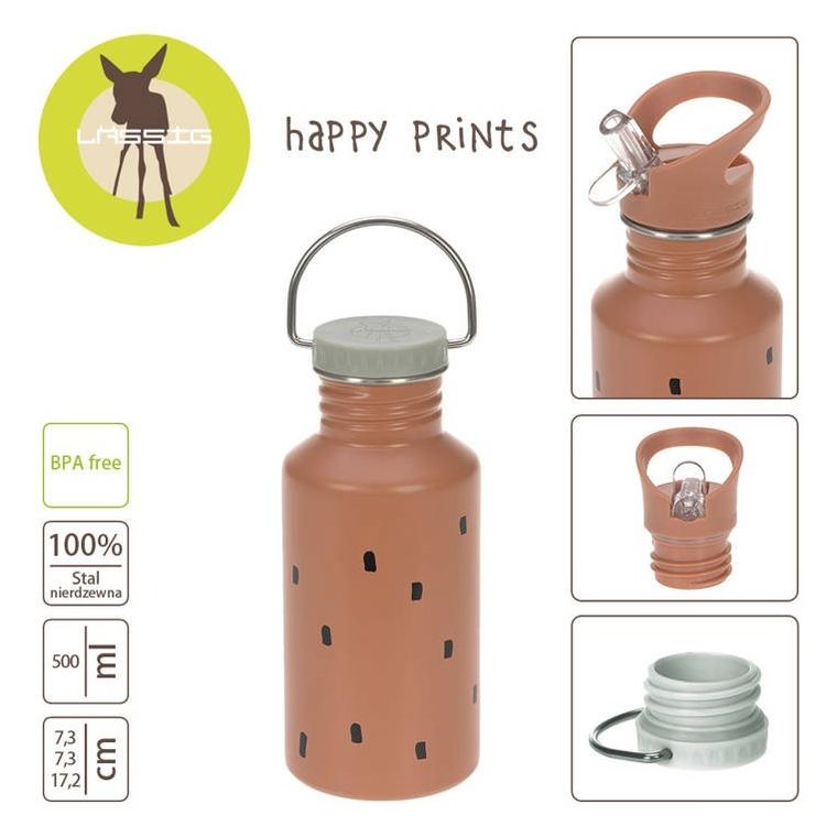 Lassig, Happy Prints, bidon ze stali nierdzewnej, karmelowy, 500 ml