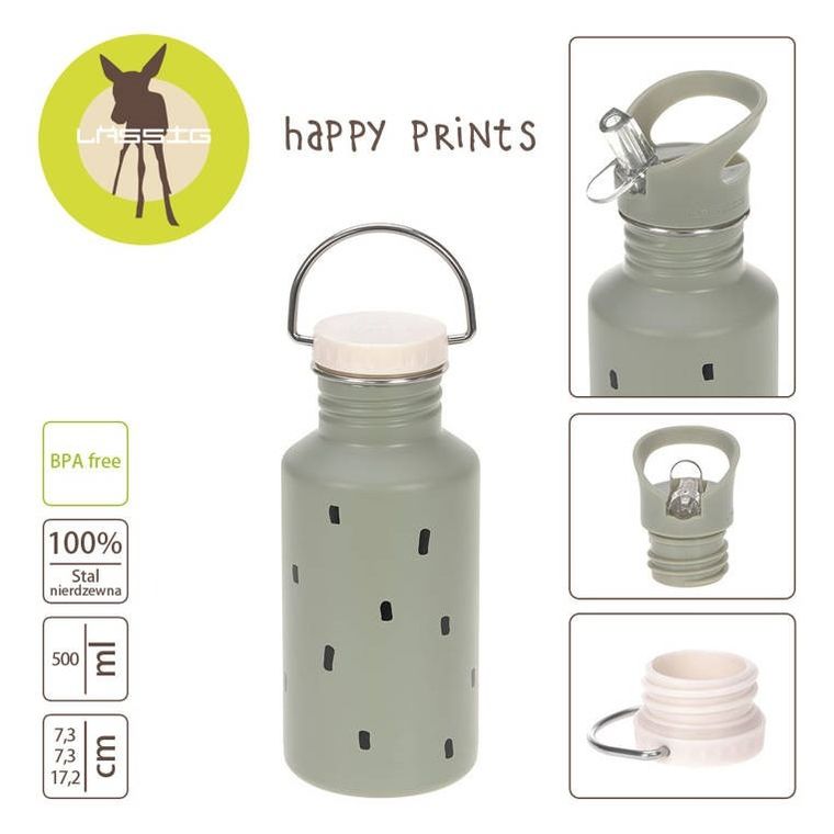 Lassig, Happy Prints, bidon ze stali nierdzewnej, oliwkowy, 500 ml
