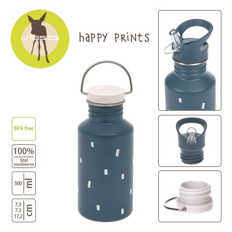 Lassig, Happy Prints, bidon ze stali nierdzewnej z dodatkową zakrętką z ustnikiem, 500 ml, granatowy