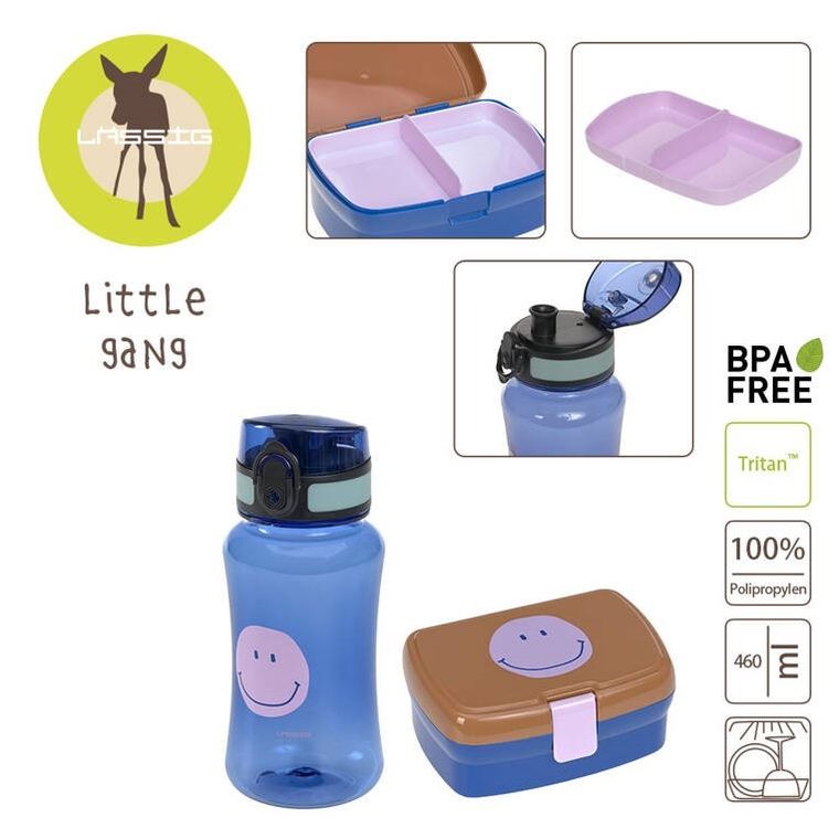 Lassig, Little Gang, Smile, zestaw na lunch: lunchbox + tritanowa butelka 460 ml, caramel/blue