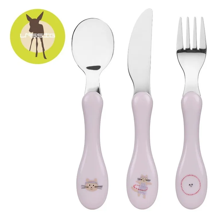 Lassig, Tiny Team, zestaw sztućców ze stali nierdzewnej, kotek, 3 szt.