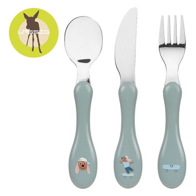 Lassig, Tiny Team, zestaw sztućców ze stali nierdzewnej, piesek, 3 szt.