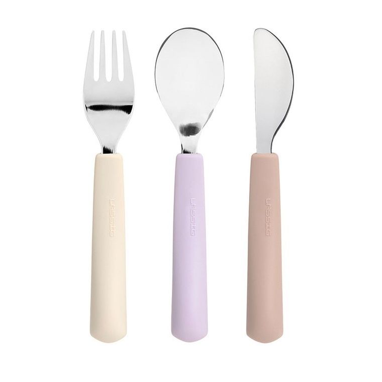 Lassig, Tiny Team, zestaw sztućców ze stali nierdzewnej z silikonową rączką, kotek, 3 szt.