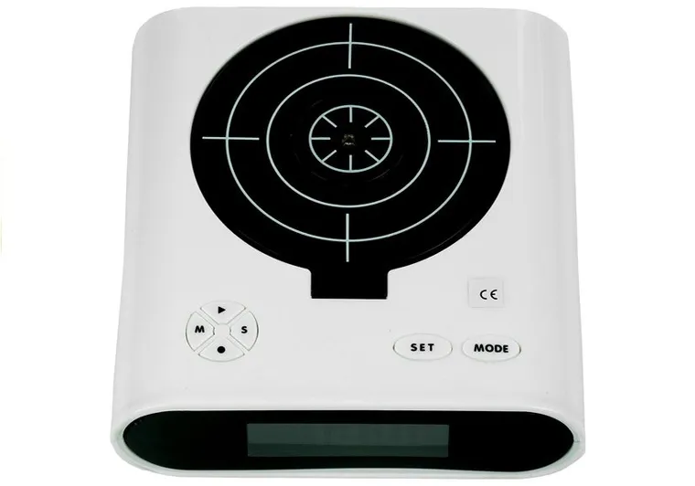 Lean Toys, budzik z pistoletem i tarczą do strzelania, biały