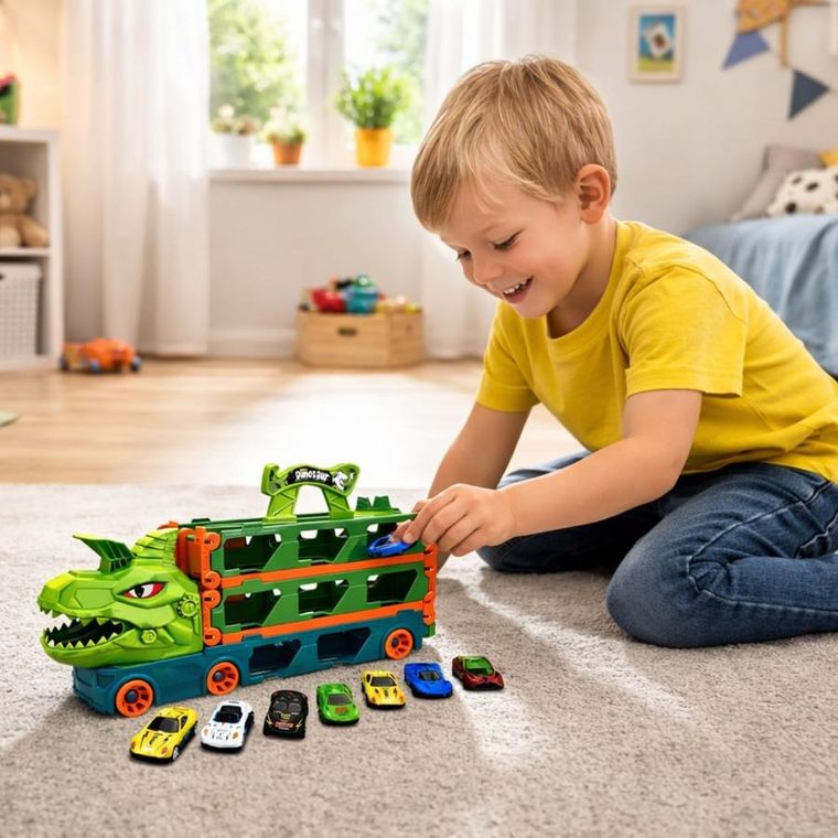 Lean Toys, dinozaur, ciężarówka transporter rozkładany z autkami 4w1