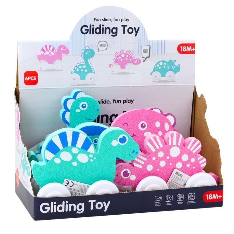 Lean Toys, dinozaur na kółkach z pianki eva, różowy niebieski, 1 szt.