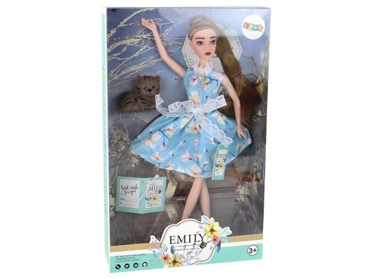 Lean Toys, Emily, lalka w niebieskiej sukience w kwiaty, zestaw z kotem