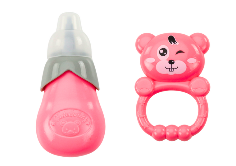 Lean Toys, interaktywna lalka bobas z akcesoriami, siusiająca, granatowa sukienka, 28 cm