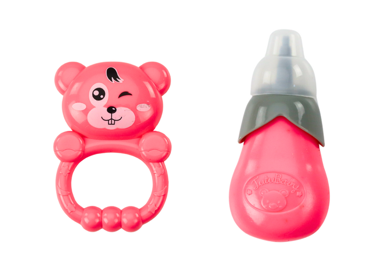 Lean Toys, interaktywna lalka bobas z akcesoriami, siusiająca, różowa sukienka, 28 cm