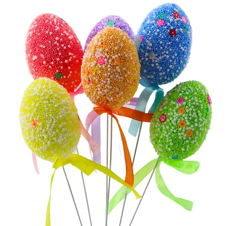 Lean Toys, jajka wielkanocne na piku, kolorowe białe wzorki wstążka, ozdoba, 6 szt.