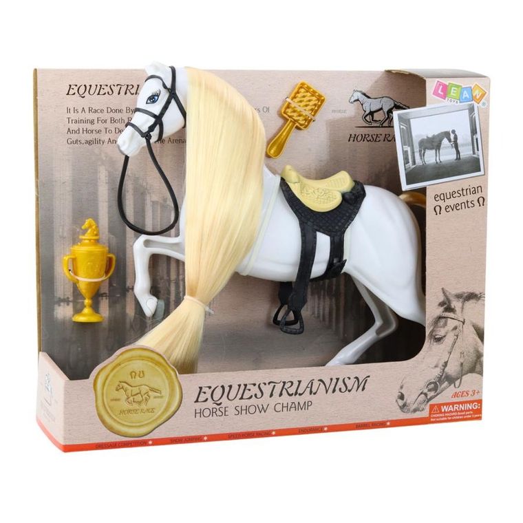 Lean Toys, koń z długą grzywą do czesania, figurka z akcesoriami, biały