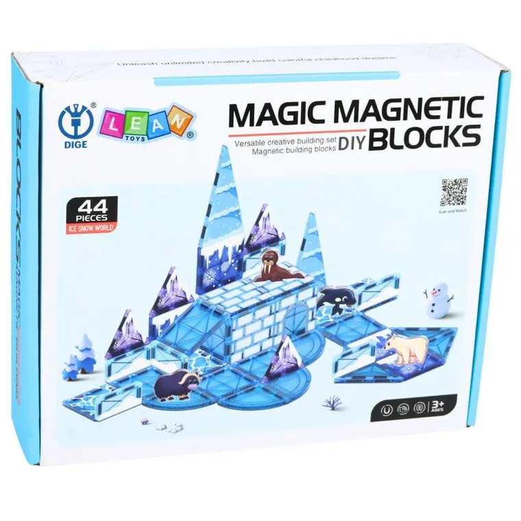 Lean Toys, lodowa kraina, klocki magnetyczne z figurkami, niebieskie, 44 elementy