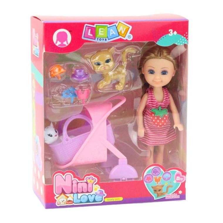 Lean Toys, mini lalka z akcesoriami, różowa, 14 cm