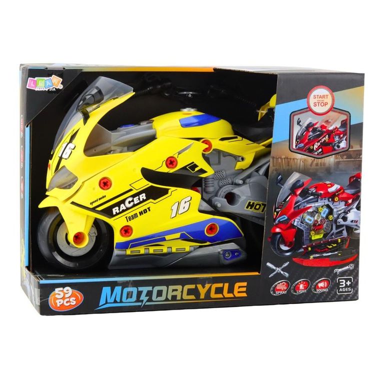Lean Toys, motocykl do rozkręcania, warsztat, interaktywny, żółty