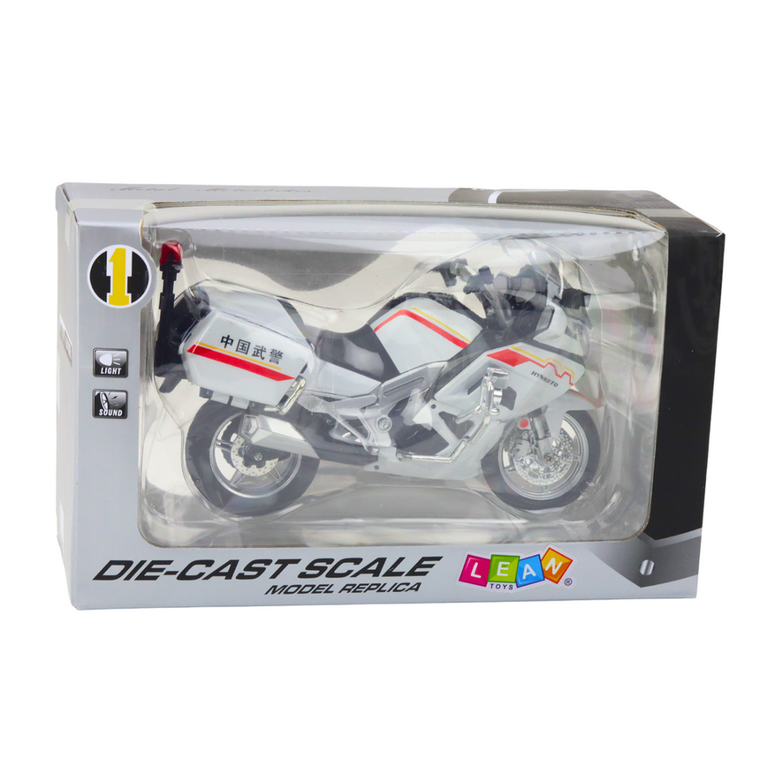 Lean Toys, motocykl, pojazd interaktywny, metalowy, biało-czerowny, 1:12
