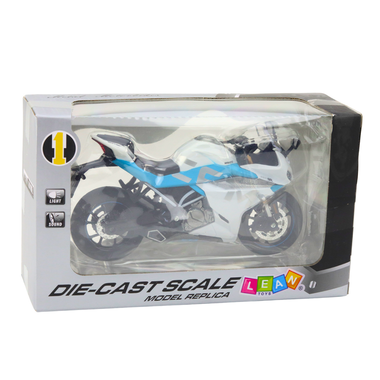 Lean Toys, motocykl, pojazd interaktywny, metalowy, biało-niebieski, 1:12