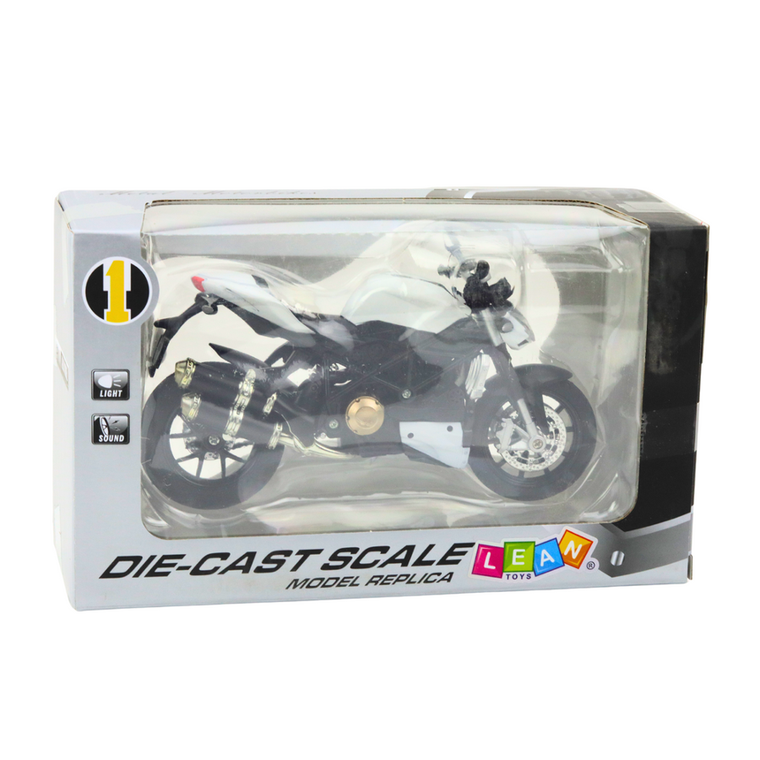 Lean Toys, motocykl, pojazd interaktywny, metalowy, biały, 1:12
