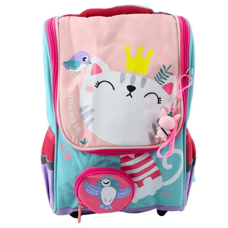 Lean Toys, plecak szkolny, kot biały saszetka z ptaszkiem, 21l