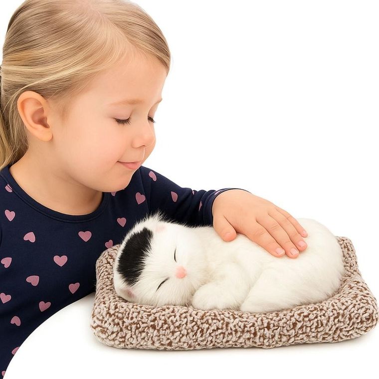 Lean Toys, śpiący biały kot na poduszce, maskotka