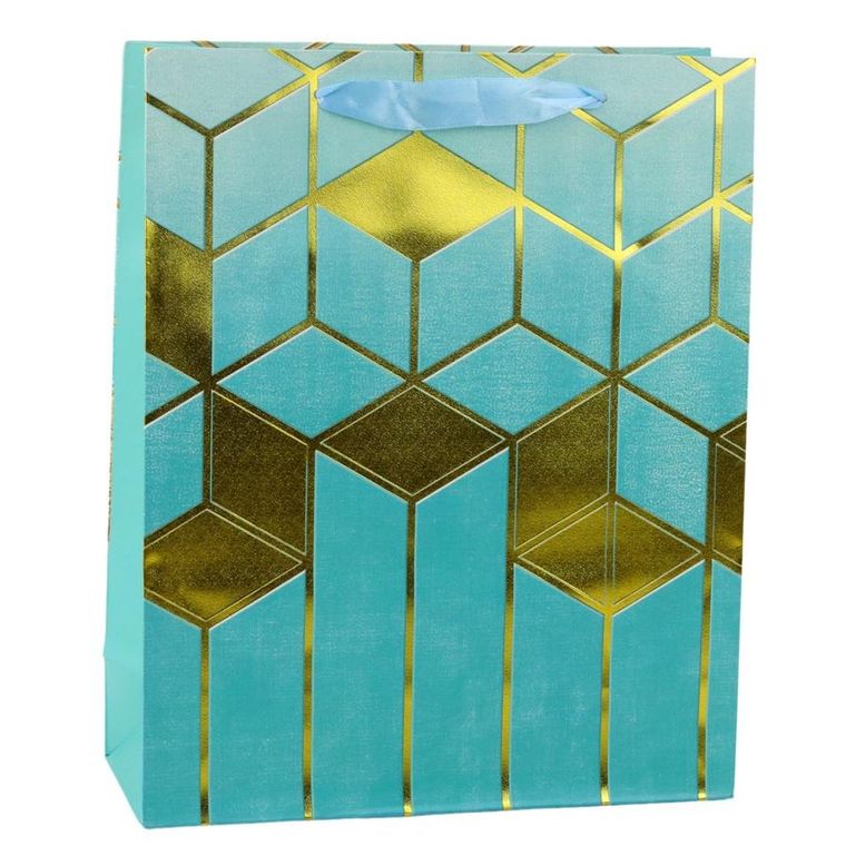 Lean Toys, torba prezentowa papierowa wzory geometryczne złote, 32-26-12 cm, 1 szt.