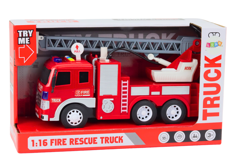 Lean Toys, wóz strażacki z wysięgnikiem, pojazd interkatywny, 1:16, czerwony