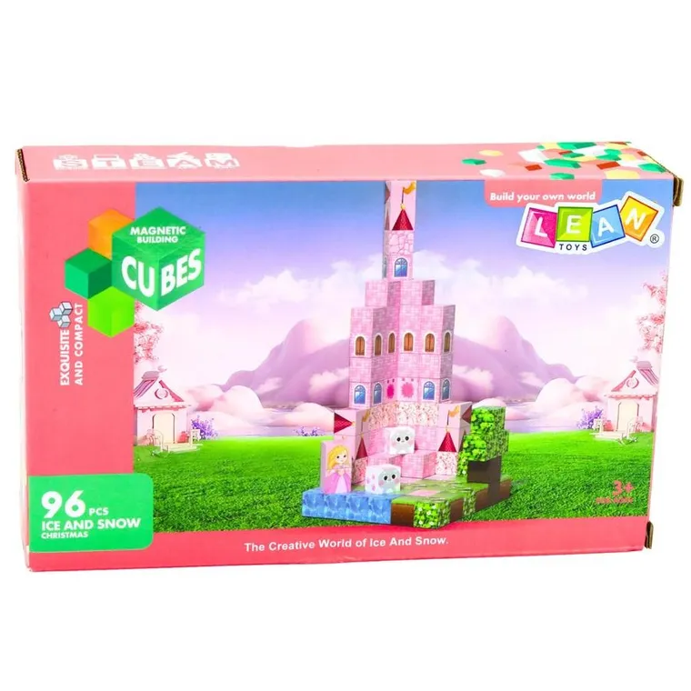 Lean Toys, zamek księżniczki, magnetyczne klocki konstrukcyjne, różowe sześciany piksele, 96 elementów