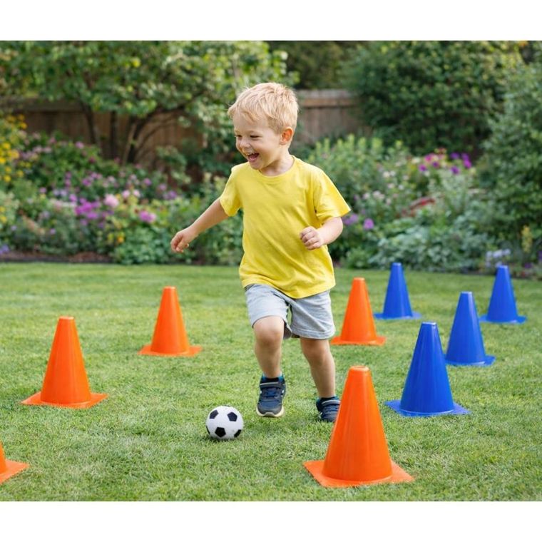 Lean Toys, zestaw pachołków treningowych z piłką, niebiesko-pomarańczowe, 8 szt.