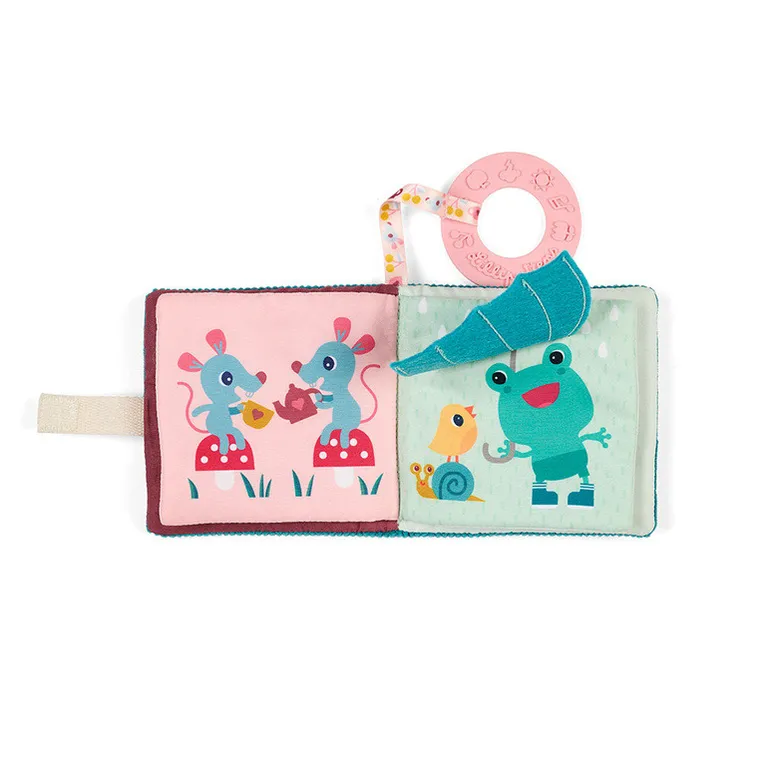 Lilliputiens, Kotka Jeanne, mini-książeczka wielofunkcyjna z szeleszczącą folią i gryzakiem, 6m+