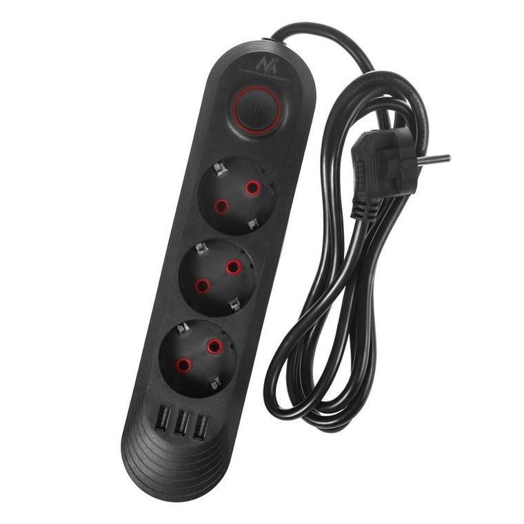 Maclean, listwa zasilająca, 3 gniazda, 3xUSB, 110-240V AC, 50/60HZ, 2.1A MAX 2500W, czarna, 1,5m
